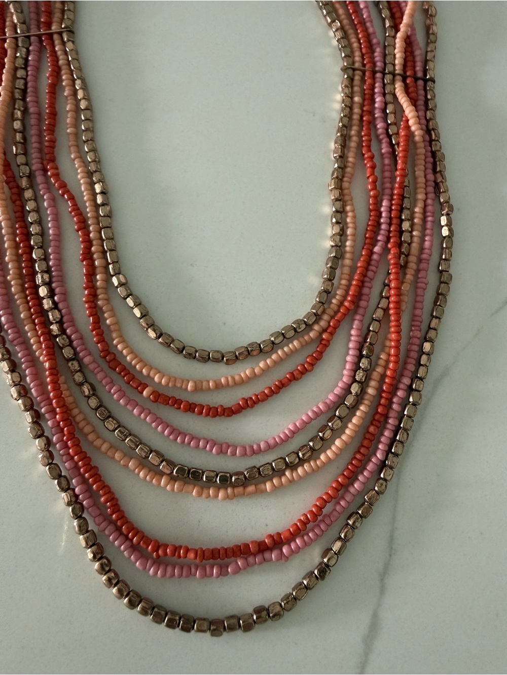Multi-Strand Pink & Coral Beaded Necklace with Gold Accents
